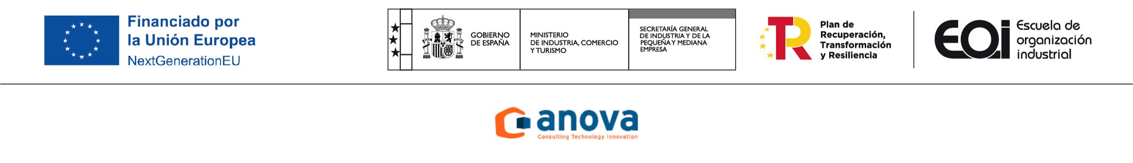 Logos NextGenerationEU. Secretaría general de Industria y de la pequeña y media empresa. Plan de Recuperación, Transformación y Resilencia. Escuela de organización Industrial. Anova IT Consulting