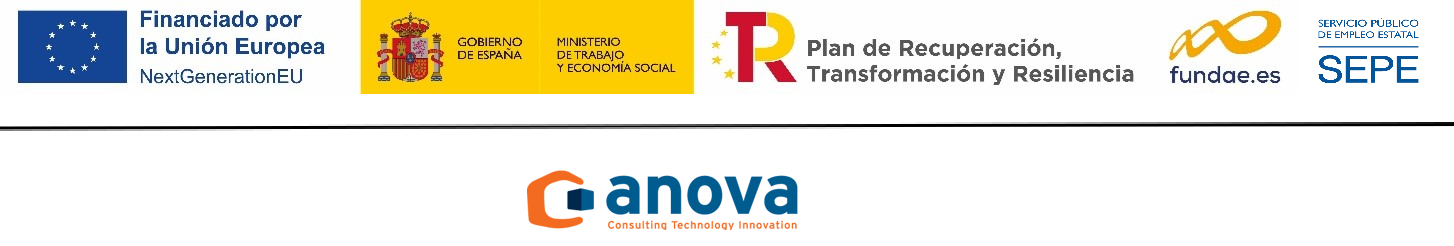 Logos Fondos NextGenerationEU, Ministerio de trabajo y economía social, Plan de Recuperación, Transformación y Resilencia, Fundae y Anova IT Consulting